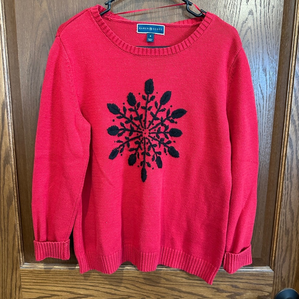Karen Scott Red Snowflake Sweater Women's Size M Long Sleeve Knit Holiday Top